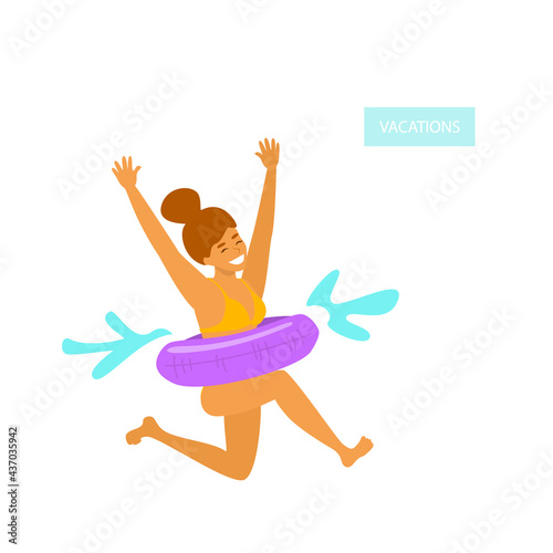 cute girl with inflatable float jumps into pool water isolated vector illustration