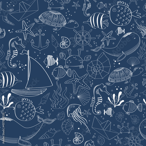 Underwater seamless pattern. Seaworld background with cute marine life.