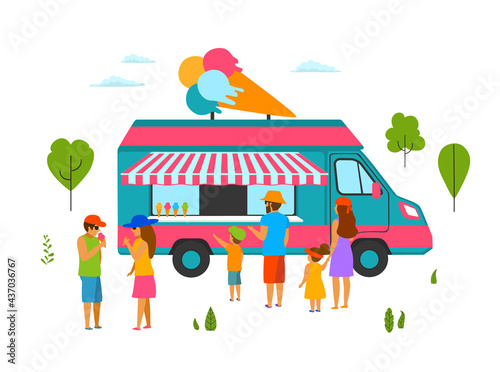 people in the park eating buying ice cream sold in a truck
