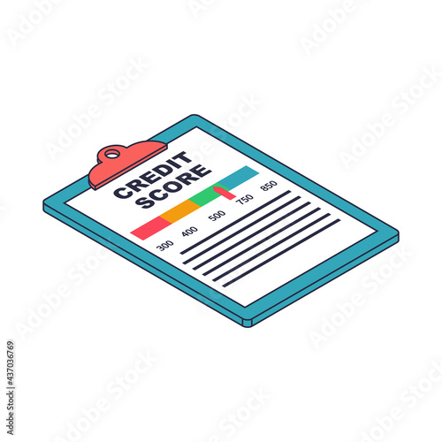Credit score, gauge. Clipboard with a personal credit information. Report form document. Vector illustration isometric design. Isolated on white background. Graph sheet.