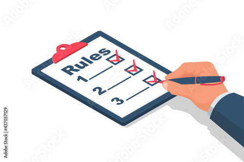 Rules concept. Businessman holding in hand clipboard with regulations. Checklist with requirements. Rule list on blank. Vector illustration isometric design. Isolated on white background.