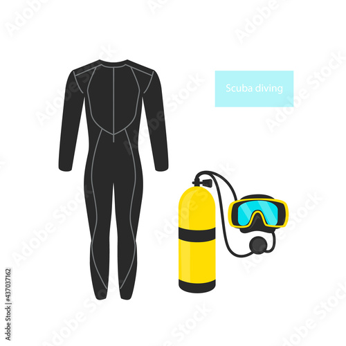 scuba diving objects, gas tank cylinder, mask, wetsuit graphic set