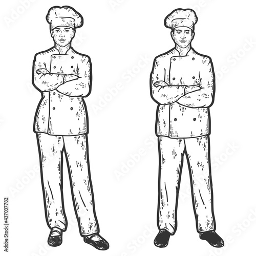 Set, man and woman cook. full length in special clothing. Sketch scratch board imitation color.