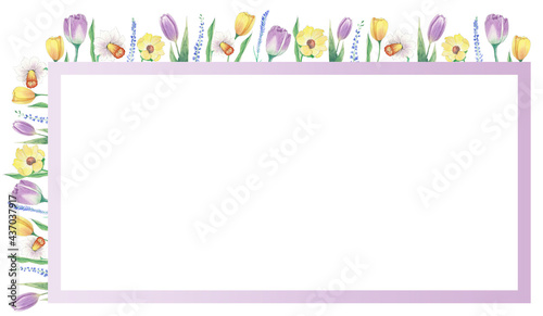 Aquarelle floral copy space frame with flowers. Watercolor hand painted square greeting card for wedding, easter, birthday, holidays. Frame different flowers.