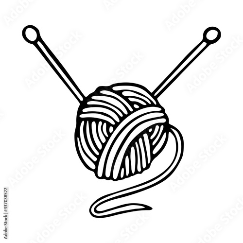 Vector Knitting Needles and Ball of Wool Yarn Logo. Vector illustration Simple doodle style. Symbol of Knitting, hobby, needlework. Minimalistic logo