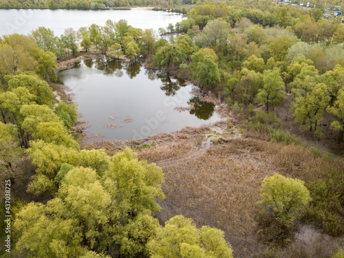 Lake shore in spring. Aerial drone view. © Sergey