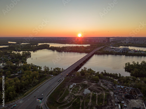 North bridge in Kiev at dawn. Aerial drone view.