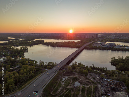 North bridge in Kiev at dawn. Aerial drone view.