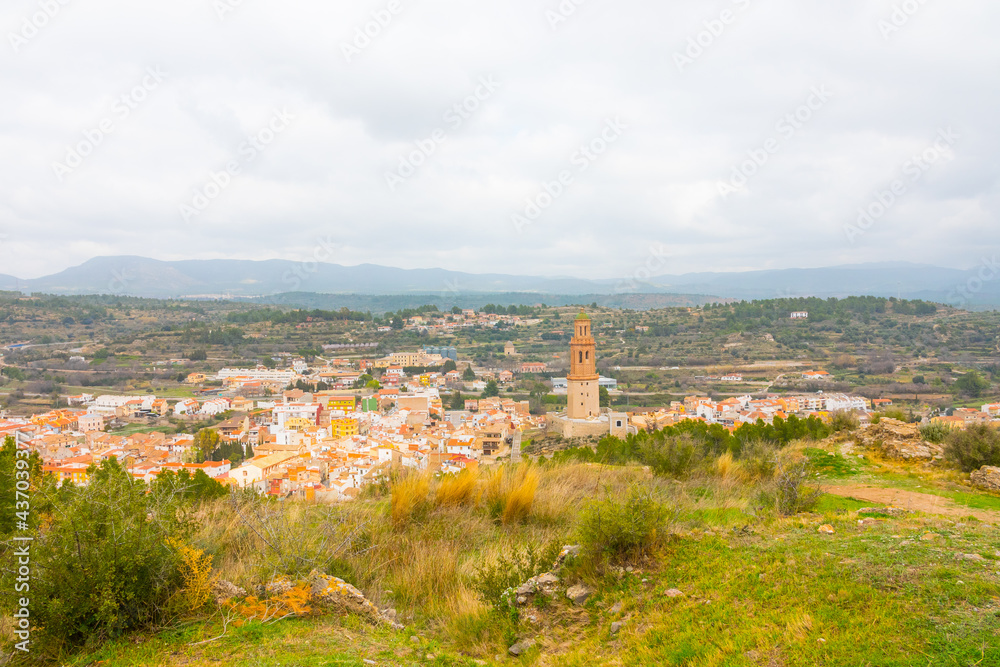 Jérica, Alto Palancia, Castellon province, Valencian Community, Spain. Beautiful view of the historic city from the summit where ancient ruins of a castle remain.