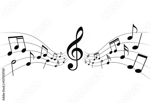 Musical notes graphic background. Music notes and staff on white background. Melody symbol. Vector illustration