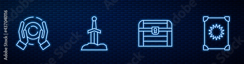 Set line Antique treasure chest, Magic ball on hand, Sword in the stone and Ancient magic book. Glowing neon icon on brick wall. Vector