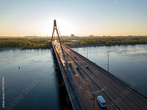 North bridge in Kiev at dawn. Aerial drone view. © Sergey