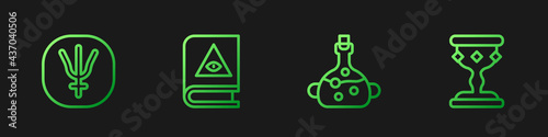 Set line Poison in bottle, Neptune planet, Ancient magic book and Medieval goblet. Gradient color icons. Vector