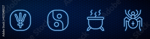 Set line Witch cauldron, Neptune planet, Yin Yang and Spider. Glowing neon icon on brick wall. Vector