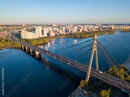 North bridge in Kiev at dawn. Aerial drone view.