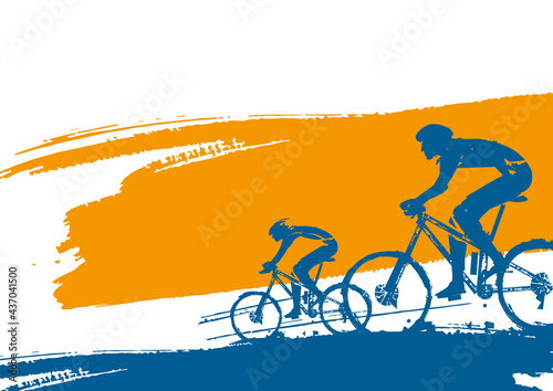 

Mountain bike cyclists, banner background. 
Colorful backdrop with two cyclists on expressive brush stroke. Banner template. Vector available.