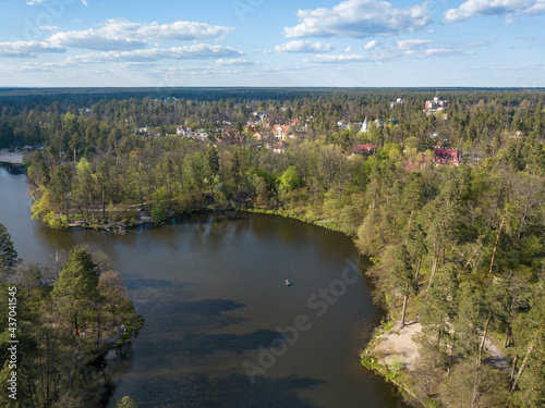 Lake shore in spring. Aerial drone view.