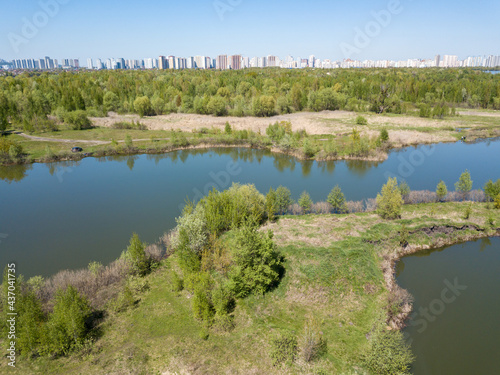 Lake shore in spring. Aerial drone view. © Sergey