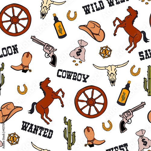 Seamless vector pattern with wild west cowboy on white background. Vintage western Texas wallpaper design. Decorative fashion textile for children.