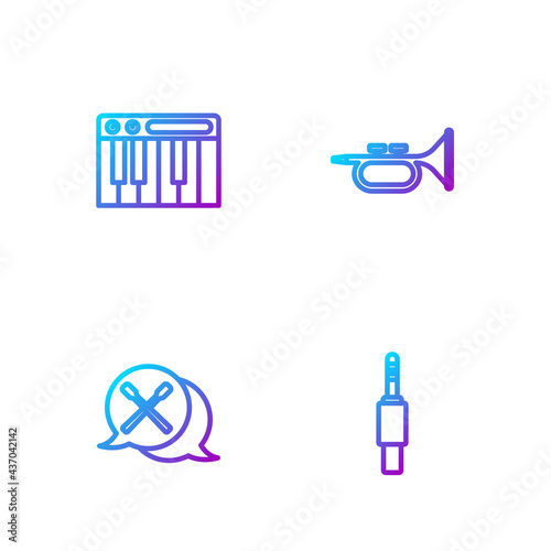 Set line Audio jack, Drum sticks, Music synthesizer and Trumpet. Gradient color icons. Vector