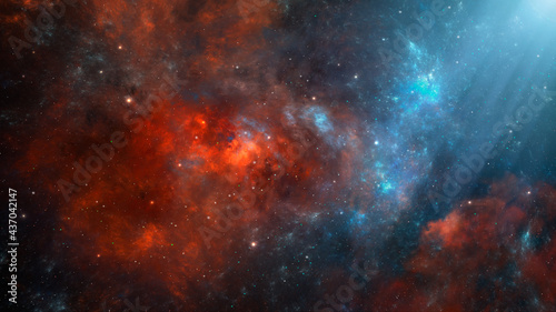 Space background. Colorful nebula in red and blue color with stars. Digital painting