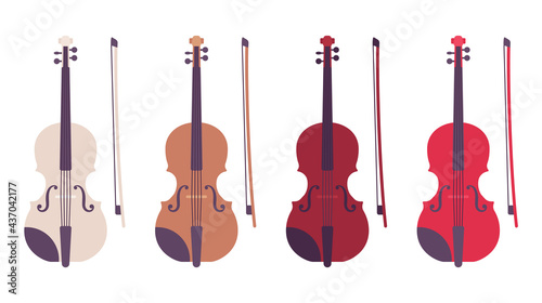 Violin set with bow, bowed stringed musical instrument set. Beautiful band, orchestra playing music wood equipment. Vector flat style cartoon illustration isolated, white background, different colors