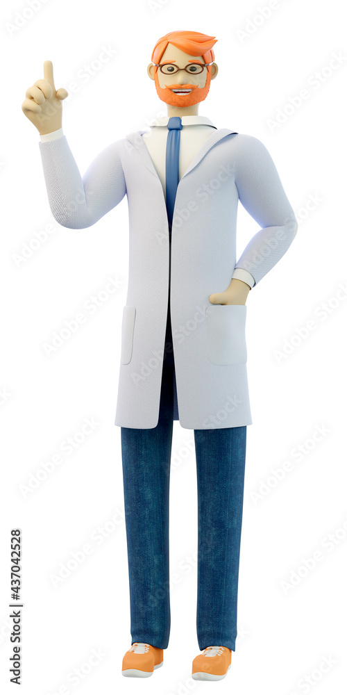Young red-haired doctor with glasses and a beard dressed in a medical gown points up hand. Attention. 3d cartoon male character. Isolated on a white background 3d render illustration. Young red-haired doctor with glasses and a beard dressed in a medical gown points up hand. Attention. 3d cartoon male character. Isolated on a white background 3d render illustration.