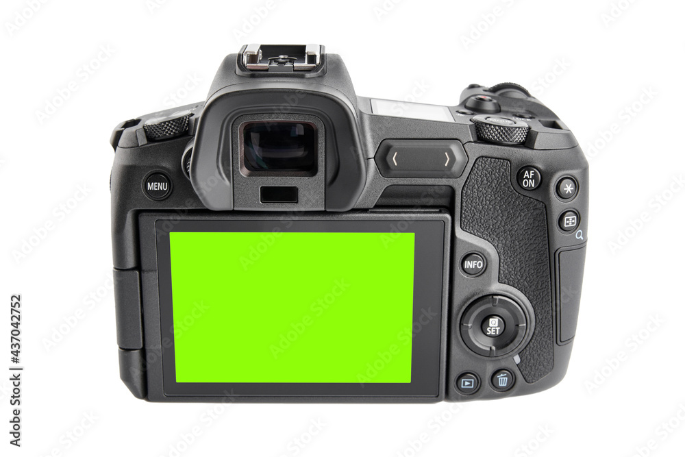 Photo video camera isolated on a white background. Camera for selfies and vlogging. Professional equipment for the photographer.