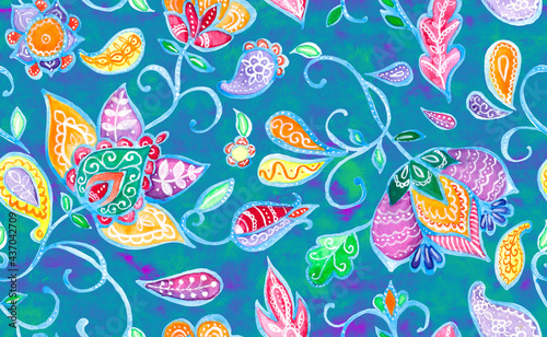 Paisley watercolor floral pattern tile:  flowers, flores, tulips, leaves. Oriental indian traditional hand painted water color whimsical seamless print, ceramic design. Abstract india batik background