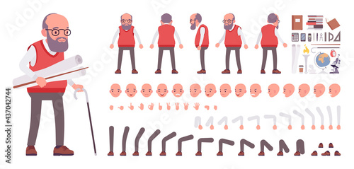 Old teacher, senior professor, university, school, college tutor construction set. Experienced elderly master, aged education master. Cartoon flat style infographic illustration, different emotions