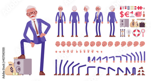 Handsome old man, elderly businessman construction set. Bossy senior manager, gray haired active person above 50 year, business objects. Cartoon flat style infographic illustration, different emotions