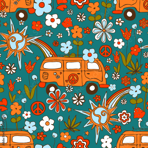 Seamless vector pattern with vintage bus on teal blue background. Summer flower meadow wallpaper design. Retro holiday fashion textile.