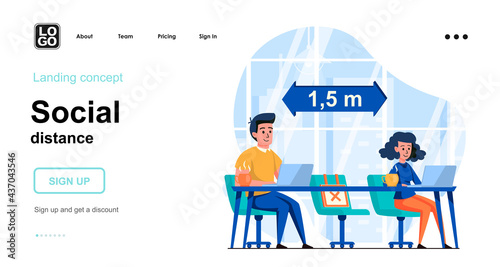 Social distance web concept. People distancing in coworking cafe, coronavirus epidemic prevention. Template of human scenes. Vector illustration with character activities in flat design for website