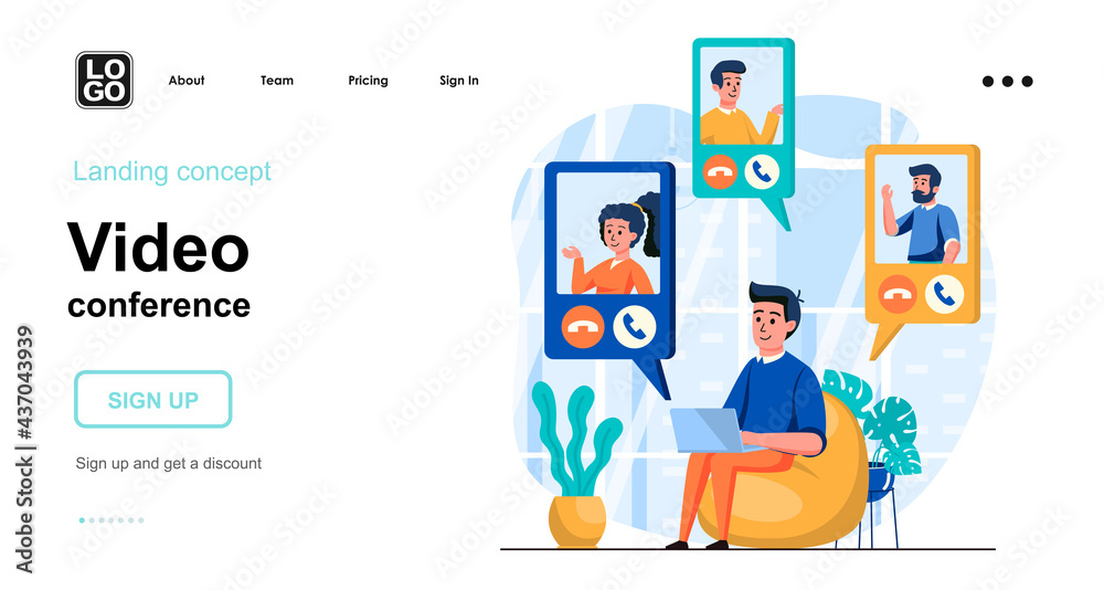 Video conference web concept. Man calls up with friends or colleagues online from laptop at home. Template of people scenes. Vector illustration with character activities in flat design for website Video conference web concept. Man calls up with friends or colleagues online from laptop at home. Template of people scenes. Vector illustration with character activities in flat design for website