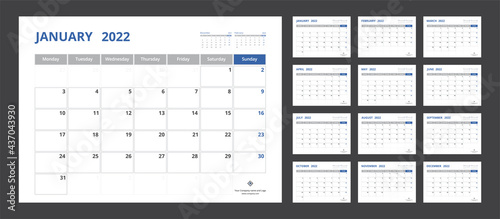 2022 calendar planner set for template corporate design week start on Monday.