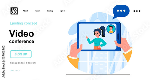 Video conference web concept. Online communication with friends using video on the tablet screen. Template of people scenes. Vector illustration with character activities in flat design for website