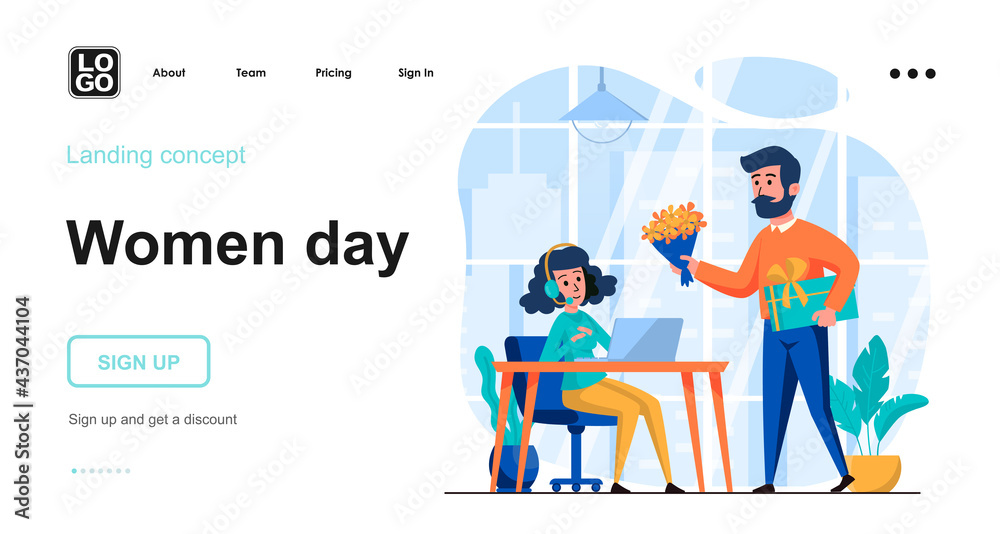 Women day web concept. Man congratulates woman working