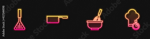 Set line Kitchen whisk with bowl, Barbecue spatula, Saucepan and Chef hat. Glowing neon icon. Vector