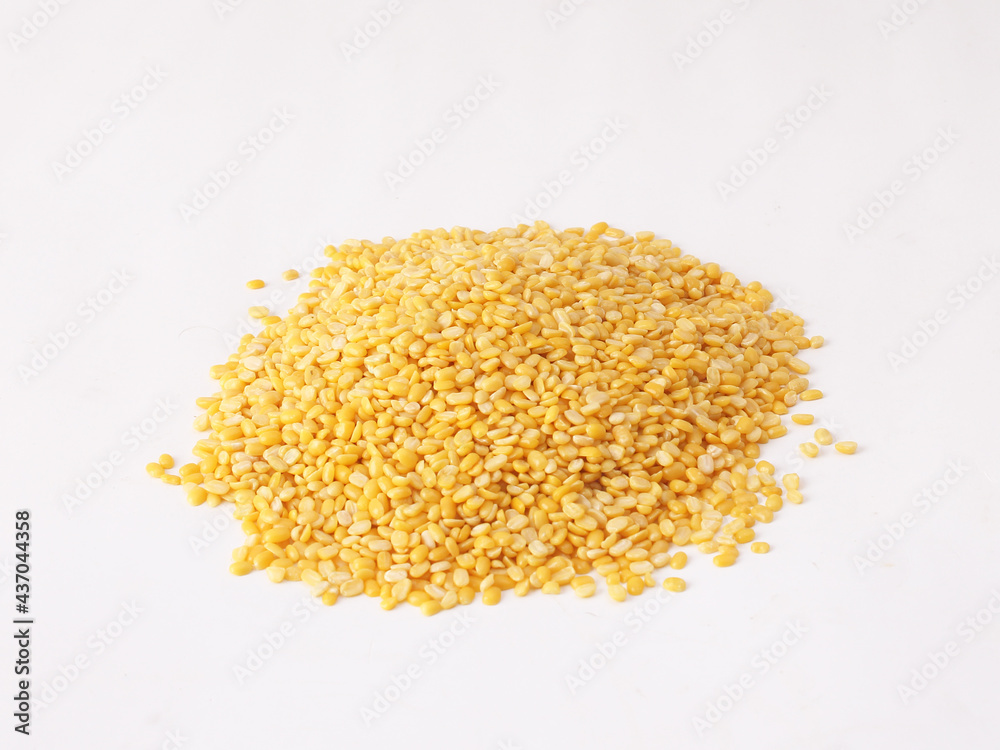 Yellow Split Gram, Moong Dal, Moong Dhuli, Indian Pulses, Yellow Pulses in white background
