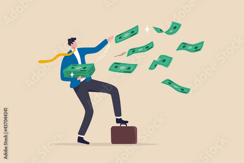 Success and wealthy fortune entrepreneur, investment profit and earning, FED stimulus monetary policy concept, happy businessman millionaire throw out pile of money banknotes flying into the air. photo