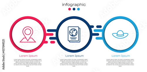 Set line Location, Passport and Elegant women hat. Business infographic template. Vector