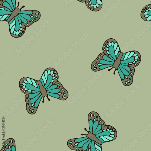 Wallpaper Mural Seamless vector pattern with blue butterflies on beige background. Simple summer love wallpaper design. Decorative vintage fashion textile. Torontodigital.ca