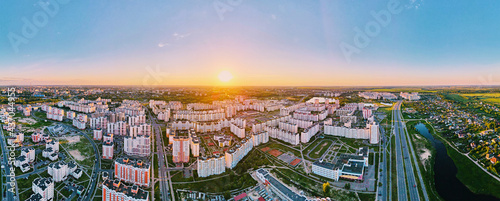 Cityscape of Gomel, Belarus. Aerial view of town architecture, panorama. City streets at sunset, bird eye view
