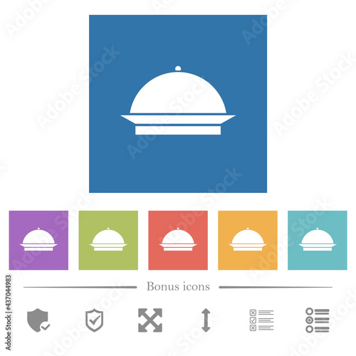 Food tray flat white icons in square backgrounds