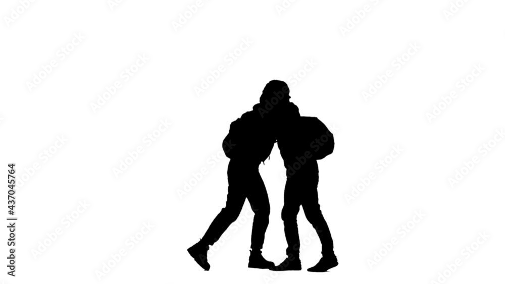 Black silhouette of young woman and man in sportswear with backpacks greeting each other, hugging friendly. 2 in 1 Collage side view full length on white background. Slow motion ready 59.94fps. Black silhouette of young woman and man in sportswear with backpacks greeting each other, hugging friendly. 2 in 1 Collage side view full length on white background. Slow motion ready 59.94fps.