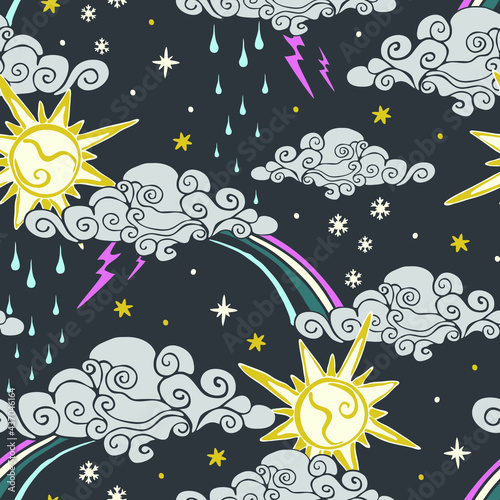 Seamless vector pattern with summer weather on grey background. Hand drawn sun and clouds wallpaper design for children. Decorative sky fashion textile.