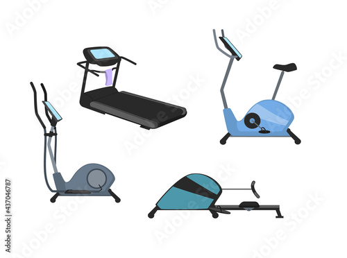 fitness cardio machines set, treadmill elliptical rowing bike trainers vector graphic set