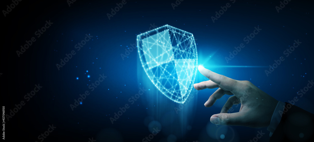 Protection network cyber security computer and safe your data concept, Businessman pointing shield protect icon - obrazy, fototapety, plakaty 