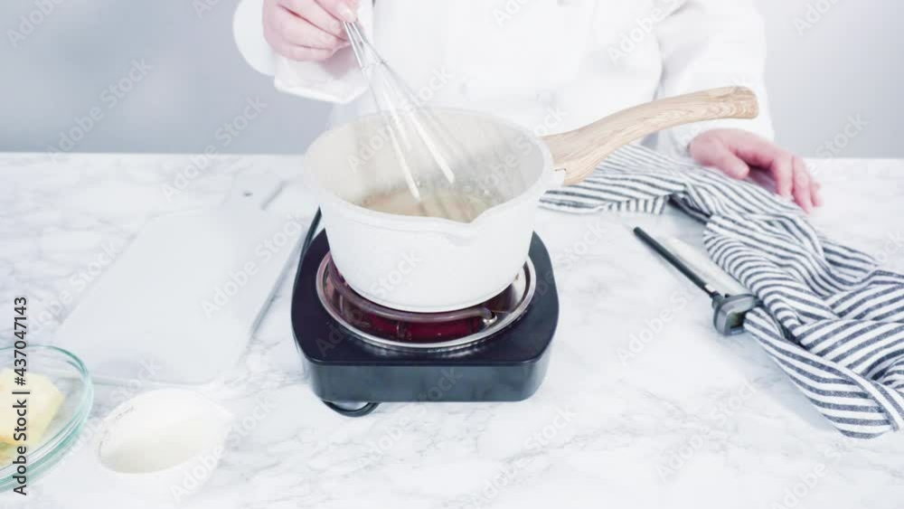 Step by step. Preparing homemade caramel in the cooking pot.