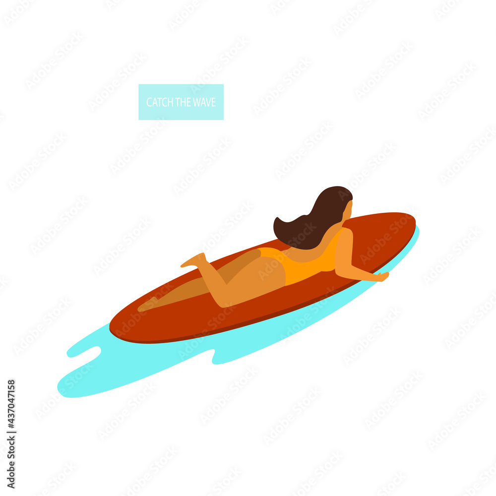 young woman surfer lying on a surfboard swimming in the sea isolated vector graphic illustration young woman surfer lying on a surfboard swimming in the sea isolated vector graphic illustration